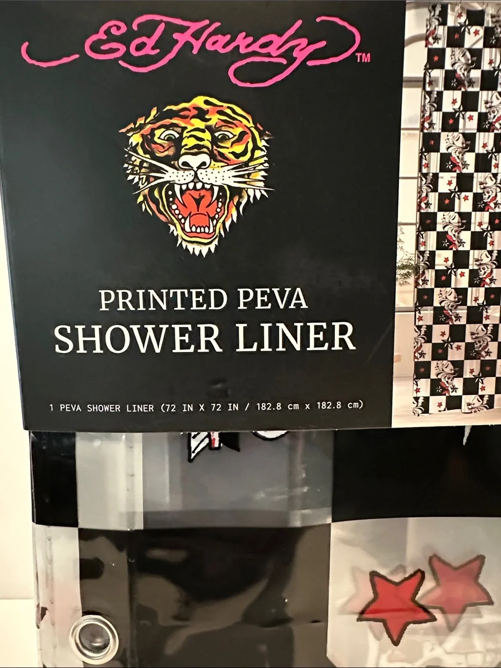 NWT Ed Hardy Printed Peva Black, White & Red Skull Shower Liner.